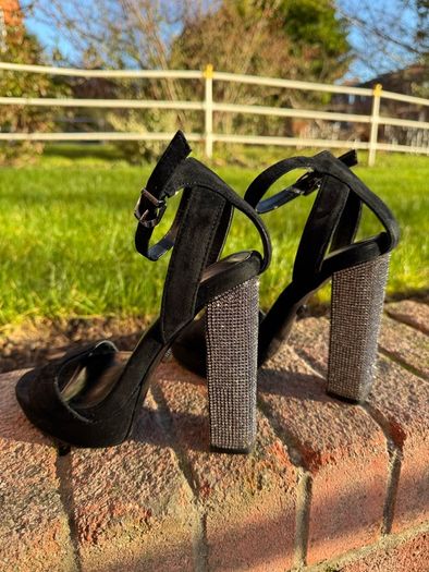 Carvela Black Suede Platform Heels with Crystal Block Heel