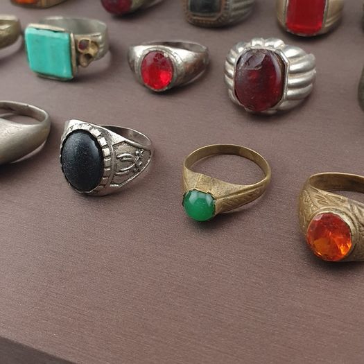 Antique Brass Ring Collection 15 Mixed Handmade Stone & Glass Rings