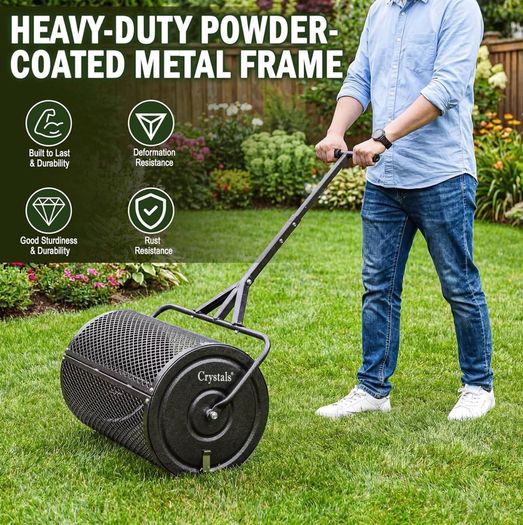 24" Compost Spreader Roller 70L Lawn Garden Spreader, Heavy Duty Steel Mesh Drum for Top Soil, Sand, Manure & Fertiliser, Compost Spreader for Lawn & Soil Spreader Tool