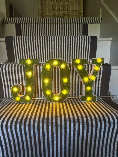New bespoke 21.5cm high pre lit JOY sign with faux moss