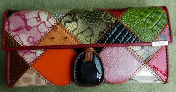 Vintage TEMANLI PATCHWORK WALLET - Ladies Genuine Leather Tri-Fold Wallet - Multi-Color Patchwork - By Temanli