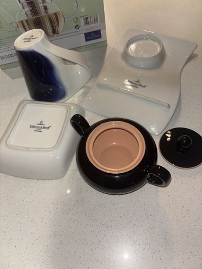 Brand New Villeroy and Boch Artesano Hot and Cold Teapot with strainer, New Wave Plate, Gemini Porcelain Mug, Cake / Biscuit Misc Plate and Biarritz Lidded Sugar Bowl - 5 pieces
