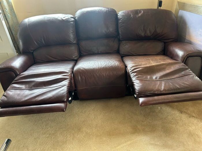 3 seater brown leather recliner sofa