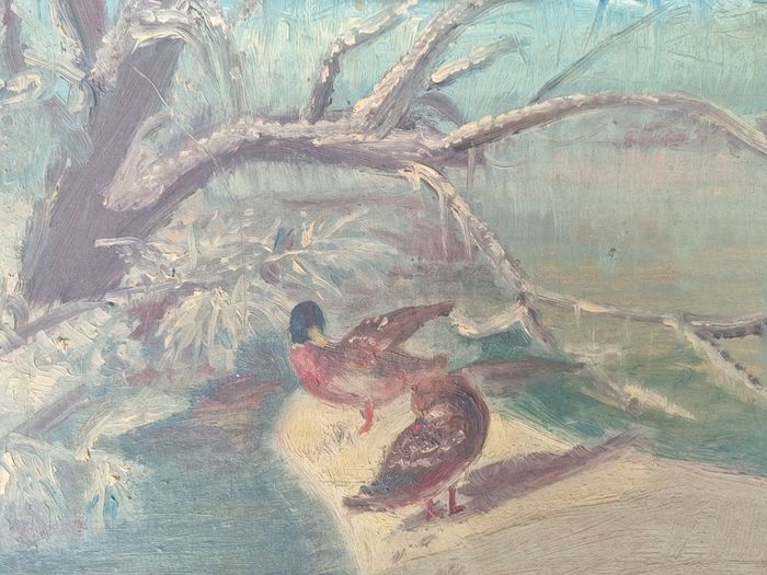 Vintage oil painting of ducks