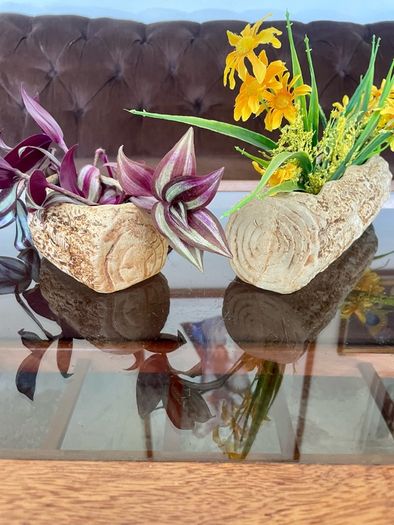 Vintage Set MCM Plant Pots x 2 Bark Pattern Stoneware Succulent Bonsai Planter 1950s