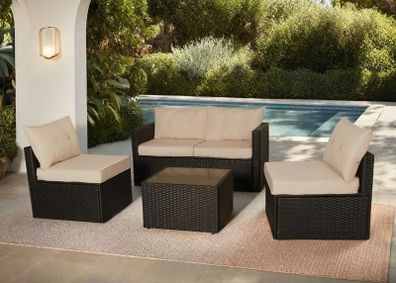 Florida Garden Rattan Sofa Set Outdoor Patio Furniture with 2 Armchairs & Table