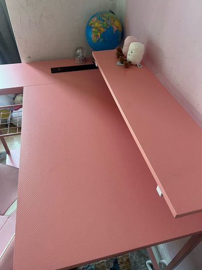 L Shaped Desk with Power Outlets & LED Lights & Pink Gaming Chair for Girls