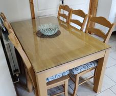 Solid-Wood Table With Glass Top and 6 Chairs.