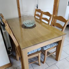 Solid-Wood Table With Glass Top and 6 Chairs.