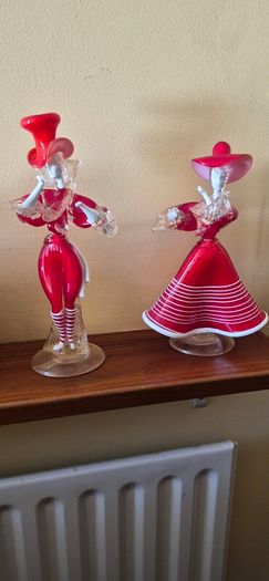 Pair of Murano Red & White Glass Figures of a Lady & Gentleman