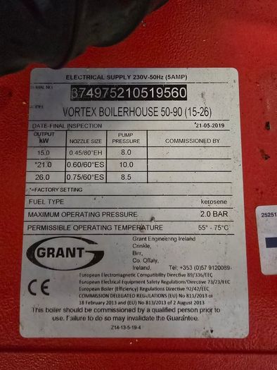 Grant Vortex 50/90 Oil Boiler + Carbery 900L Oil Tank