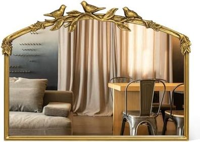 Antique Gold Baroque Mirror 64X48Hcm - Vintage Cast Iron Frame with Hand-Carved Resin Florals, Shatterproof Wall Mirror for Bathroom, Living Room & Bedroom