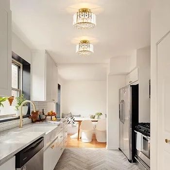 Ceiling Lights, Semi Flush K9 Crystal Chandelier Lamp with Metal Lampshade, E27 Gold Ceiling Lighting, Modern Light Fittings for Kitchen Hallway Living Room Bedroom Hall Home Decoration