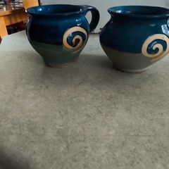 Jack O'Patsy Blue & Green Swirl Round set of 2 Belly larg Mug Hand Crafted Ireland