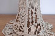 Small  cream macrame clip on lamp shade with fringed bottom edge