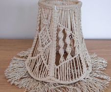 Small  cream macrame clip on lamp shade with fringed bottom edge