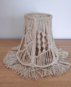 Small  cream macrame clip on lamp shade with fringed bottom edge