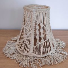 Small  cream macrame clip on lamp shade with fringed bottom edge