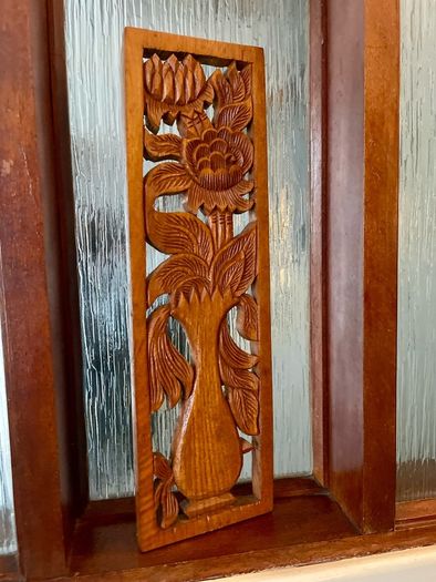 Hand Carved Long Balinese Wooden Sunflower Floral Relief Wall Art Decor Panel