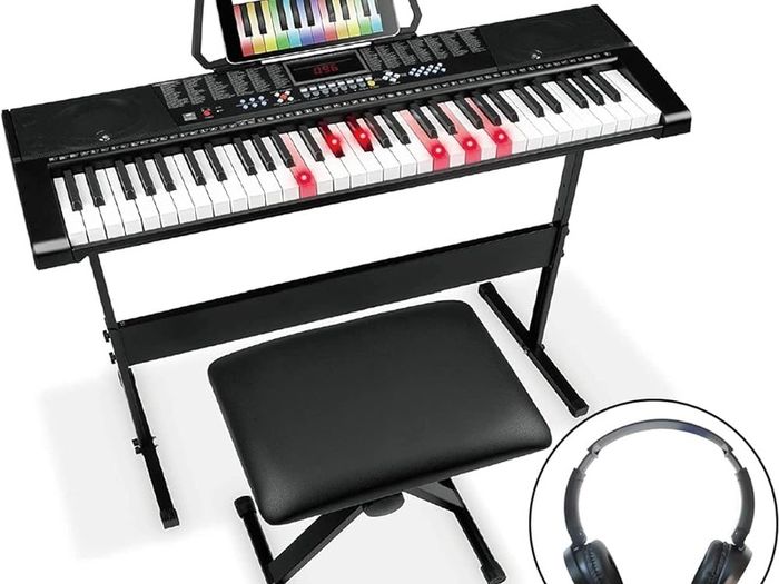 61 Key Electronic Keyboard Piano with Music Stand, Digital Piano Bench, Lighted Keyboard, Music Keyboard with Headphones for Beginner, MP3/Recorder/Bluetooth, Music Keyboard