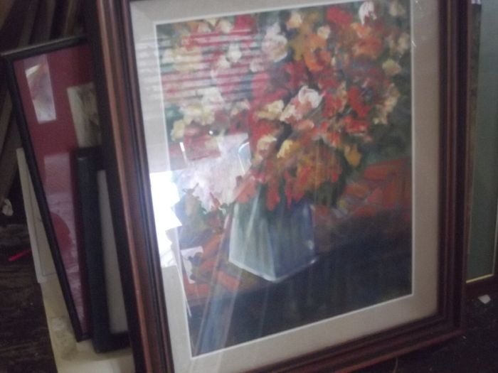 a large oil painting on board of a still life signed lacy