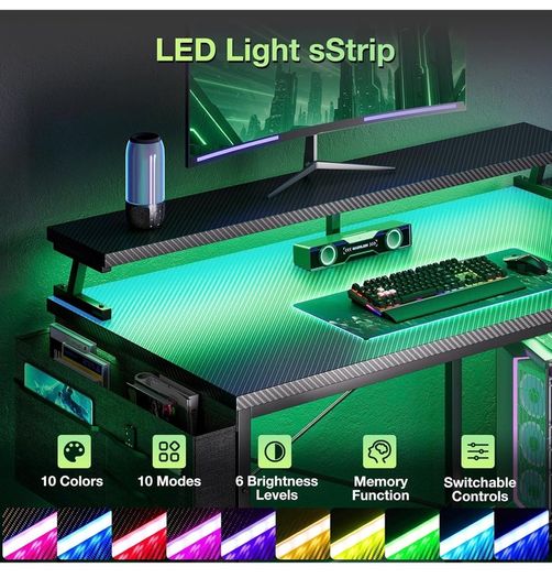L Shaped Gaming Desk with LED Lights, 100 x 70 cm