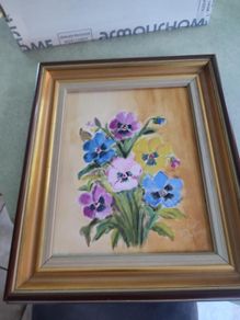Framed And Signed Small Oil Painting On Canvas Still Life Pansies For Thoughts. By Sk. M. Paul.