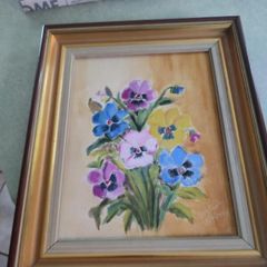 Framed And Signed Small Oil Painting On Canvas Still Life Pansies For Thoughts. By Sk. M. Paul.