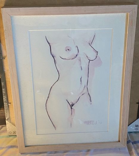 framed nude watercolour drawing signed