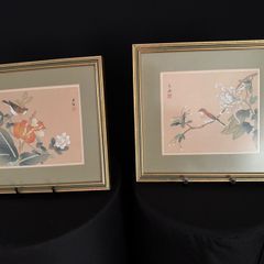 Pair of Vintage Framed Asian Floral & Bird Prints / Paintings (29 x 26.5 cm)