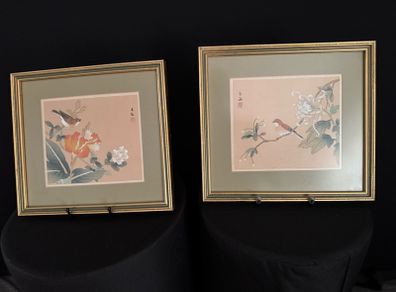 Pair of Vintage Framed Asian Floral & Bird Prints / Paintings (29 x 26.5 cm)