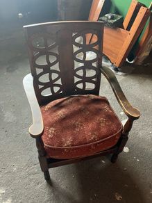 Vintage Wooden Armchair with Upholstered Seat and Decorative Back Design