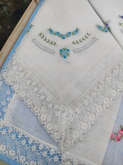 A Pair of Boxed Mid Century Estonia Opal Laced Hankerchiefs
