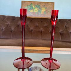 Pair of Red Glass Scandi Style Taper Candle Holders