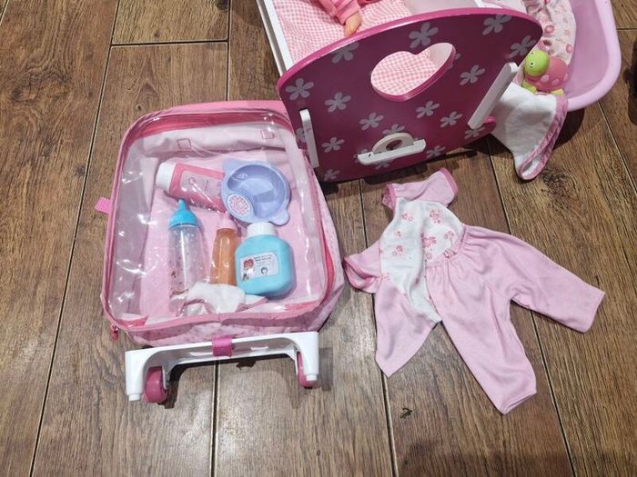 Baby doll pram, bath, bed