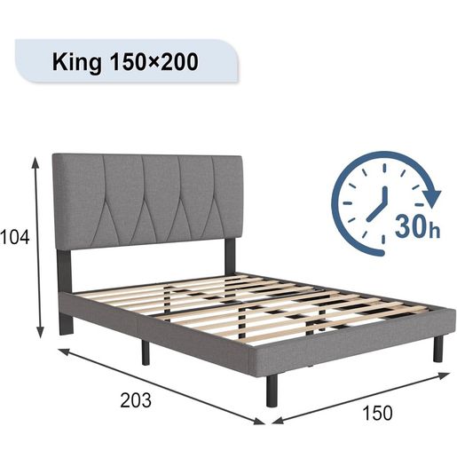 King Bed Frame, Light Grey, Upholstered Wooden Slat Bed Frame with Headboard
