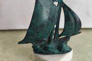 Vintage from the 1970s green matel could be copper  yacht, retro brass boat, brass figurine on marble plinth. could be uesed as  Paperweight, or decortive.