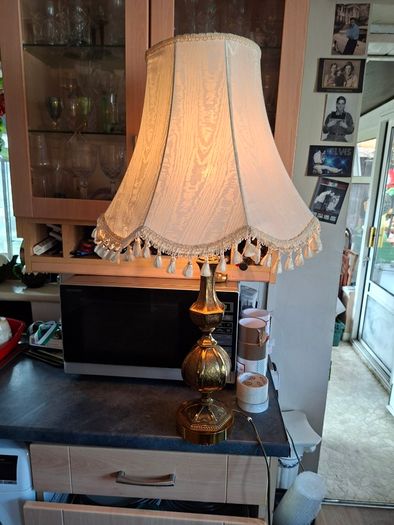 A Beautiful Large Heavy Victorian-style Brass Table Lamp with Brass Baluster Stem and Faceted, Paneled Knop, raised on a Stepped Hexagonal Base; fitted with a tall, cream textile shade with scalloped fringe and tassel trim, Postage Available or collection