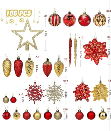 106pcs Christmas Baubles Ornaments for Christmas Tree Decorations Shatterproof Plastic Decorative Baubles Set for Festival/Holiday/Wedding Party Decoration with Hooks Included,Red & Gold
