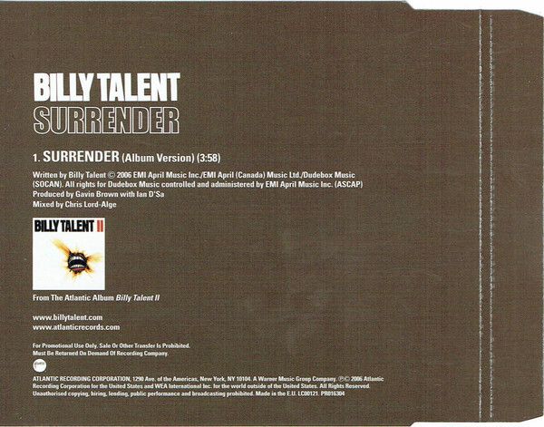 Billy Talent "Surrender" CD, Single, Promo