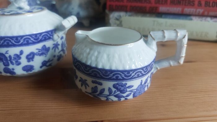 Exquisite Rare Beautifully Shaped and Patterned Blue & White Antique Milk Creamer and Matching Lidded Sugar Bowl by Edwin James Drew Bodley, in the Worchester Pattern Registered 1876, Circa 1875 - 1892