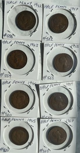 British Ship Halfpennies x 8 - 1942 to 1967 (dates below)