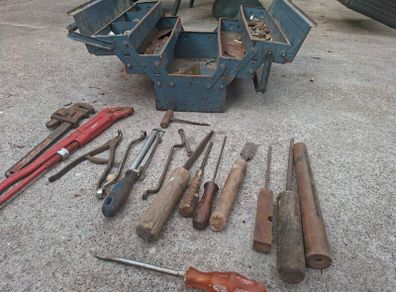 Old Vintage Cantilever Toolbox and Tools