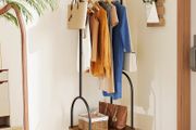 Clothes Rail, Hall Tree, Freestanding Coat Rack with Wooden Storage Shelf, 4 Hooks, Compact Clothes Organiser Garment Stand for Home Hallway Bedroom W51xD39xH157cm