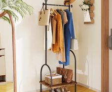 Clothes Rail, Hall Tree, Freestanding Coat Rack with Wooden Storage Shelf, 4 Hooks, Compact Clothes Organiser Garment Stand for Home Hallway Bedroom W51xD39xH157cm