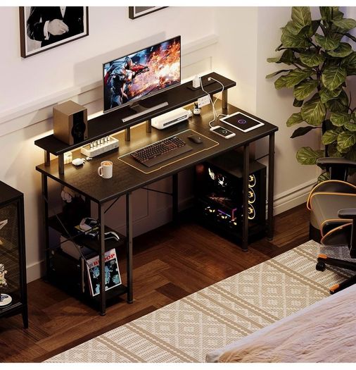 120x50cm Gaming Desk with LED Lights & Power Outlets,Black Storage Shelves, Dual Monitor Stand, Home Office & Study, Work from Home, Bedroom, Small Spaces, Dorm, Space-Saving, Students