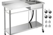 Stainless Steel Utility Sink, Rolling Single Bowl Commercial Kitchen Sink with Wheels, Faucet and Hot &amp; Cold Water Pipe, Utility Basin Workbench for Garage Restaurant Laundry 1200 x 500 x 1055mm