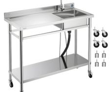Stainless Steel Utility Sink, Rolling Single Bowl Commercial Kitchen Sink with Wheels, Faucet and Hot & Cold Water Pipe, Utility Basin Workbench for Garage Restaurant Laundry 1200 x 500 x 1055mm