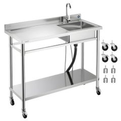 Stainless Steel Utility Sink, Rolling Single Bowl Commercial Kitchen Sink with Wheels, Faucet and Hot & Cold Water Pipe, Utility Basin Workbench for Garage Restaurant Laundry 1200 x 500 x 1055mm