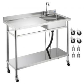 Stainless Steel Utility Sink, Rolling Single Bowl Commercial Kitchen Sink with Wheels, Faucet and Hot & Cold Water Pipe, Utility Basin Workbench for Garage Restaurant Laundry 1200 x 500 x 1055mm
